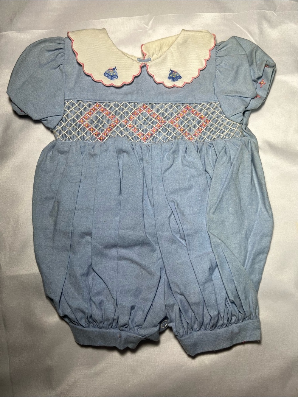 Vintage Allison Ann Bubble Romper 0-3M Blue Smocked Floral Embroidered Collar